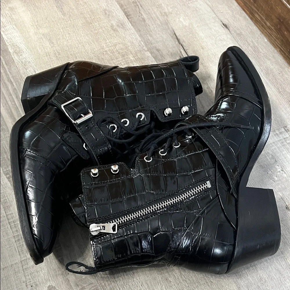 All Saints Black Croc-Embossed Patent Leather Lace-Up Ankle Boots - Picture 3 of 8